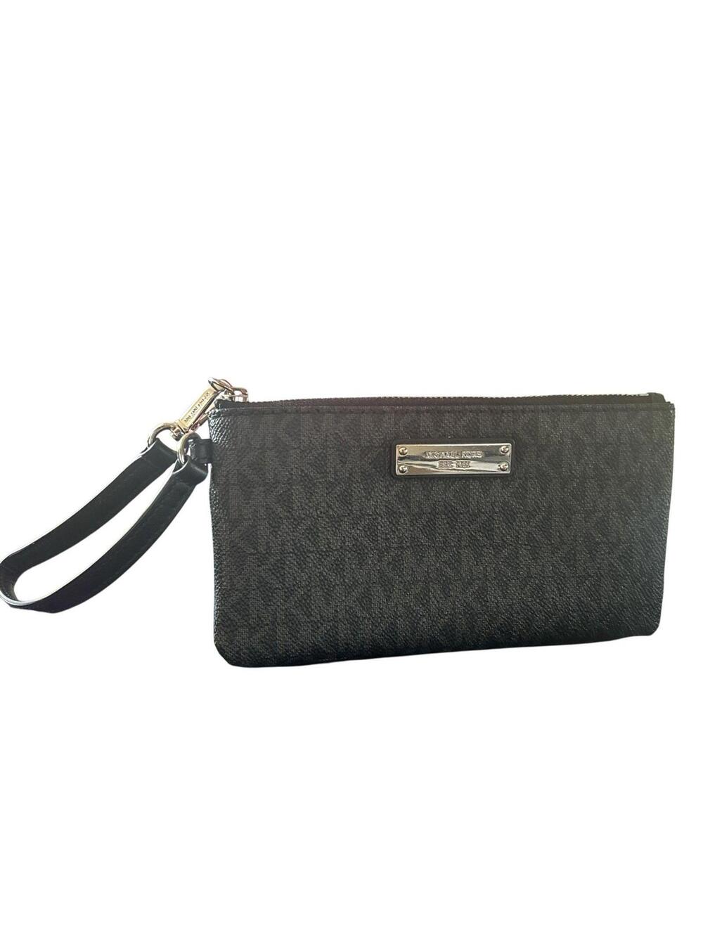 Michael Kors Jet Set Travel Large Zip Phone Wristlet Wallet Black Leather Logo